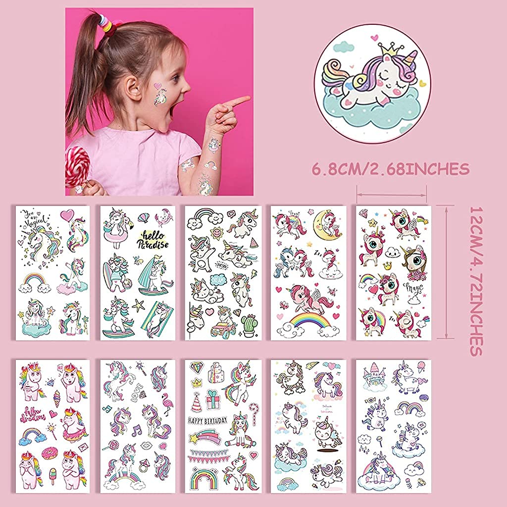 MAYCREATE® 10 Sheets Unicorn Tattoos Sticker for Kids Girls 50+styles Waterproof Sweet Tattoo Stickers for Party Favors Supplies and Children Accessories Gift