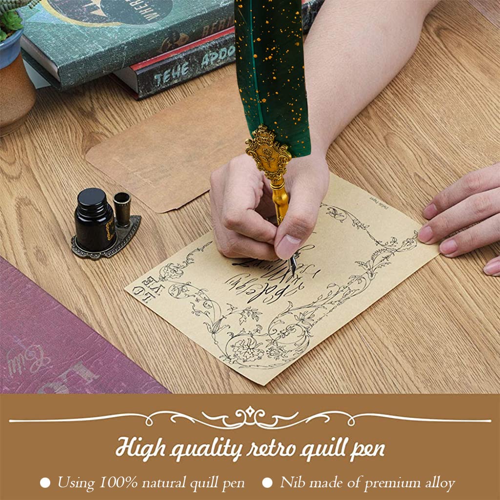 HASTHIP Quill Pen and Ink Set for Calligraphy with 5 Nibs and Wax Seal Kit | Green Feather