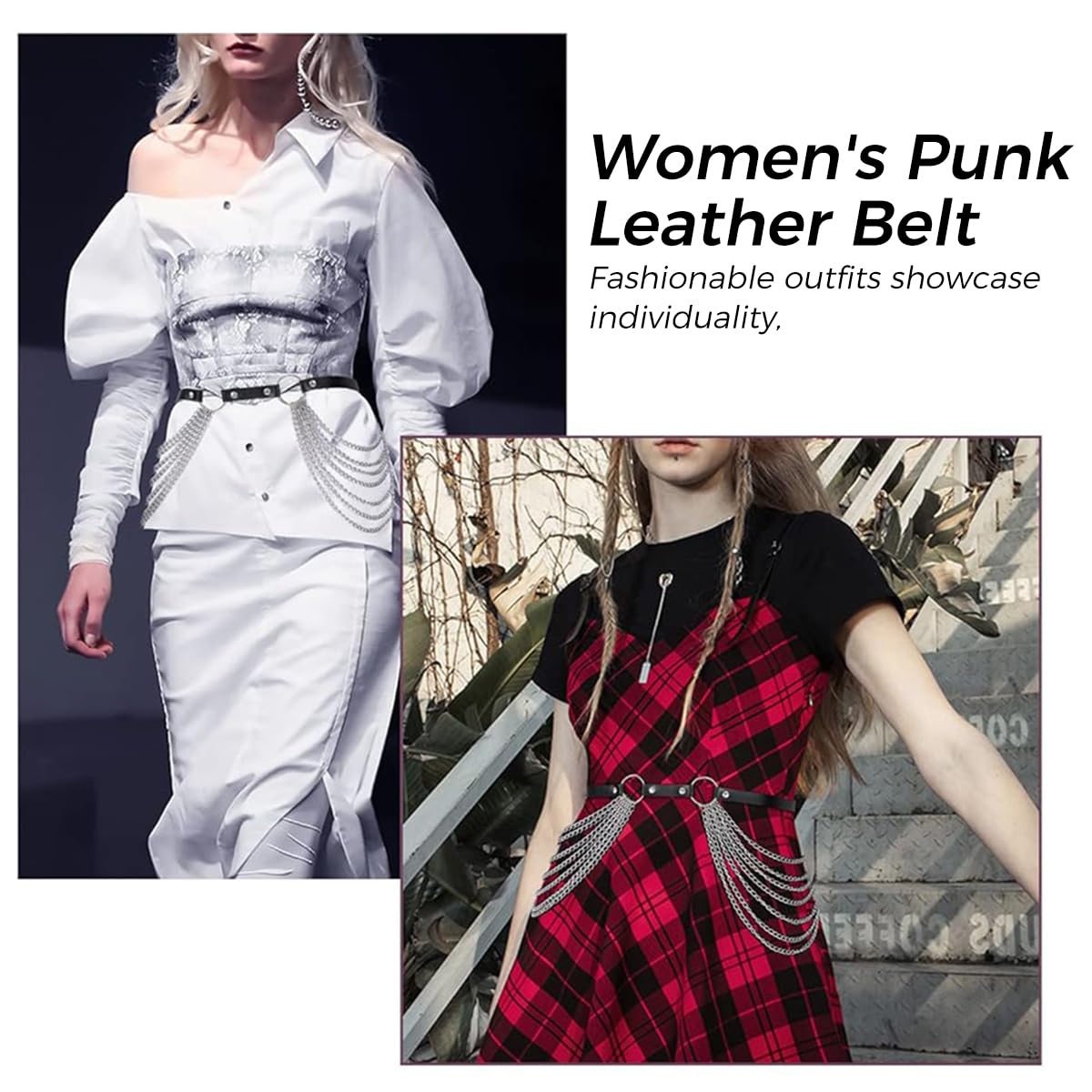 Zibuyu Punk Belt for Women featuring Multi Layered Metal Chains and Adjustable Leather Fit