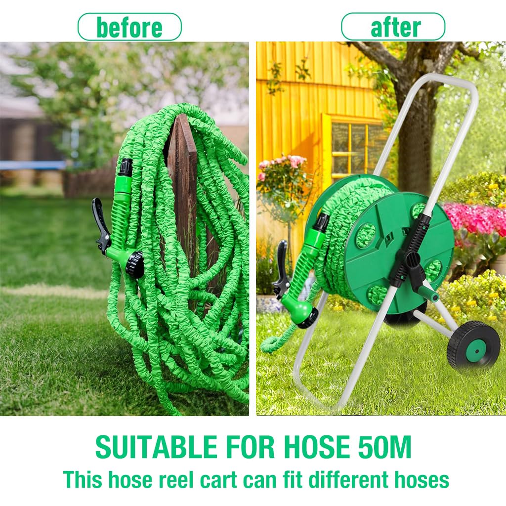 Venzina Garden Hose Reel for Gardening with Smooth 50m Winding Mechanism | Green Wheel Stand Holder