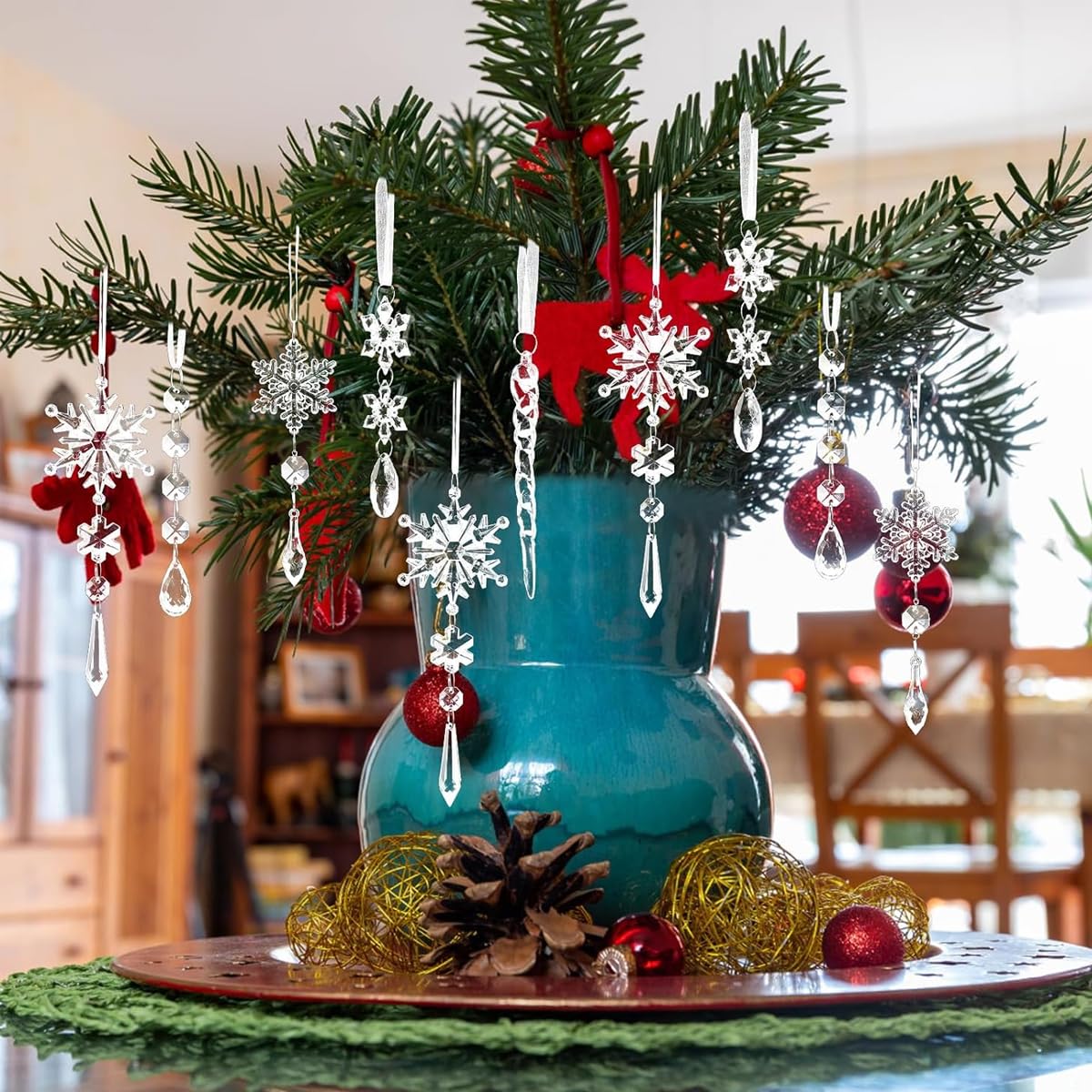 Venzina Crystal Acrylic Christmas Tree Ornaments for Holiday Décor with 10 Snowflake & Icicle Designs
