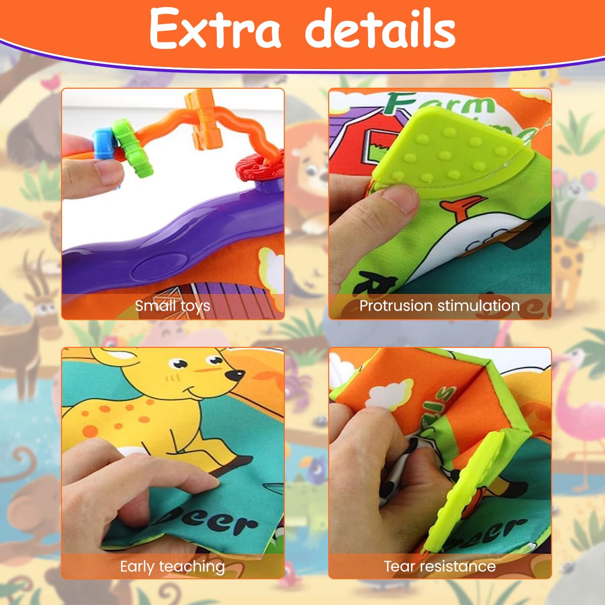 PATPAT Cloth Book for Babies with Teether and Rattle Ring featuring 8 Cartoon Animal Pages | Soft Washable Sensory Toy for 3–12 Month Infants