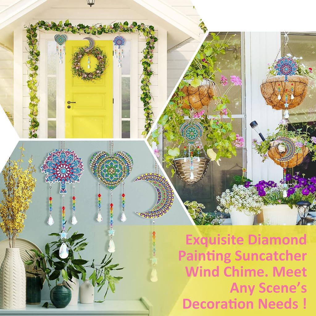 HASTHIP® 3pcs DIY Diamond Painting Kit for Kids & Adults Mandala Wind Chime DIY, with Tools and Accessories, 20cm/7.87 Inches