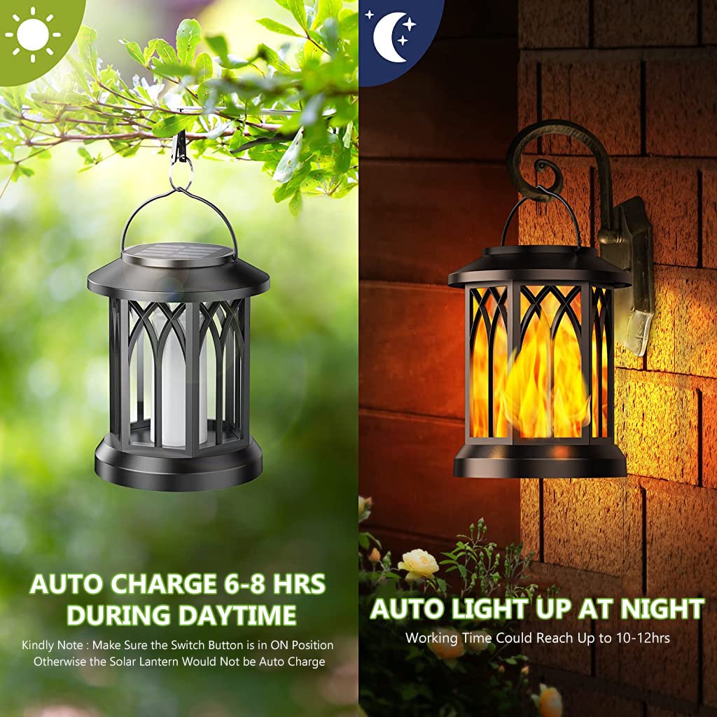 ELEPHANTBOAT® 2Pcs Solar Lantern Light, Solar Light Outdoor, Solar Garden Lights, Solar Metal Lantern Realistic Flickering Flame Lamp Camping Light with Handle & Clip Led Candle Lights