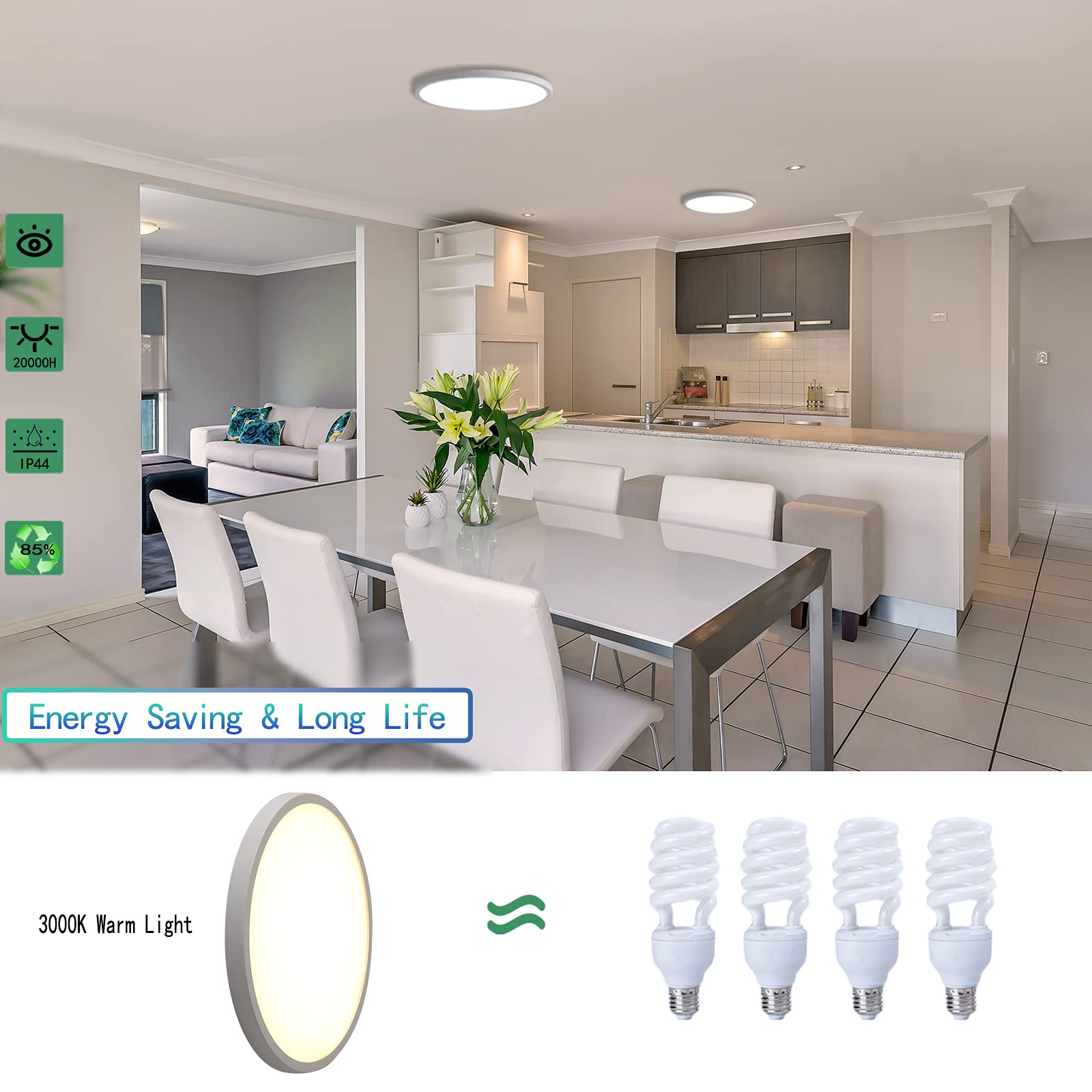 HASTHIP Flush Mount Ceiling LED Light for Bedroom and Kitchen with 9 inch Ultra Thin 24W Design | 120pcs 3000K Warm White Fixture