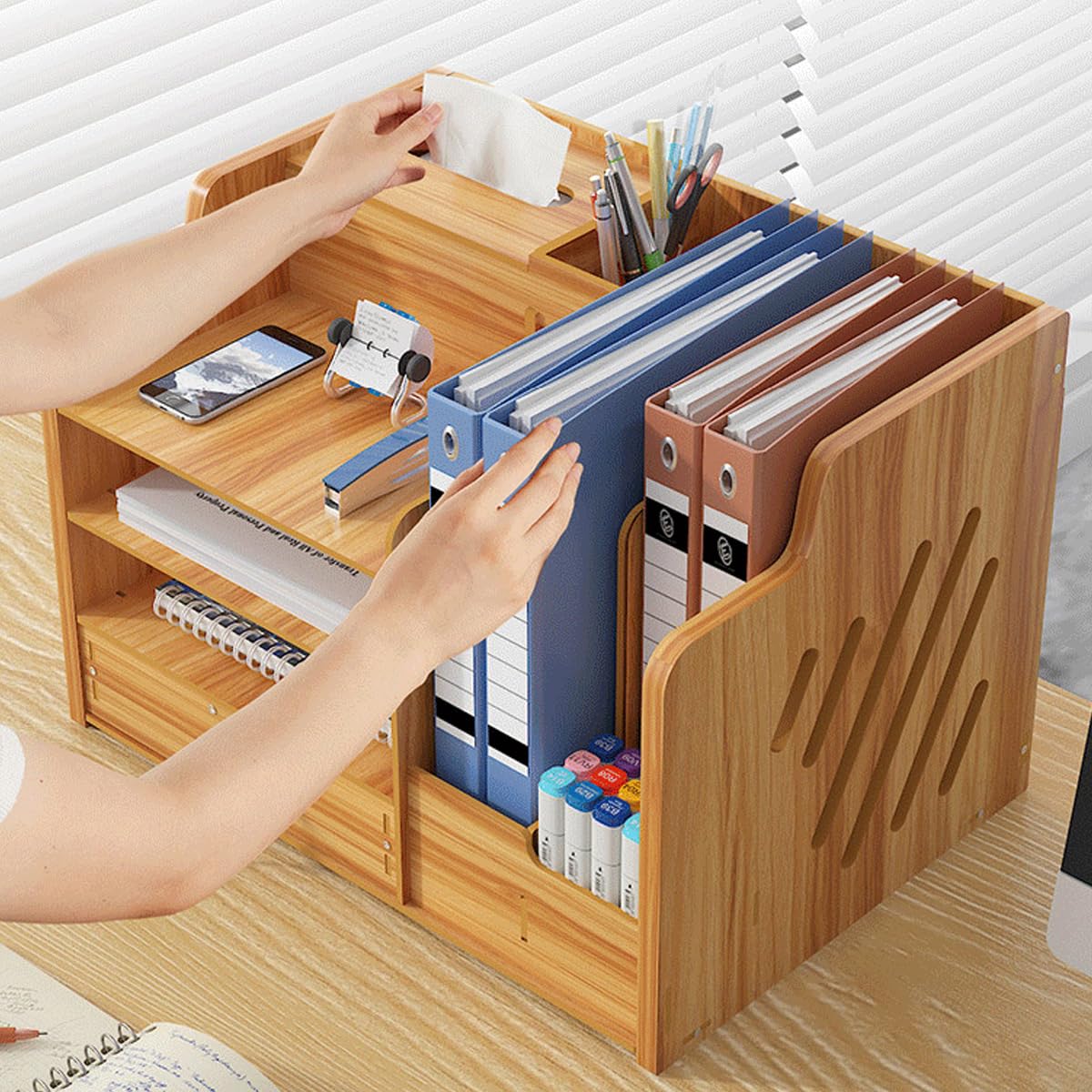 Climberty® Wooden Desk Organizer, Desktop Organizer Set, Multifunctional Desktop Bookshelf for Office Supplies, Pen Holder and Tissue Holder for Kids Room, Desktop, Office, Reading Room