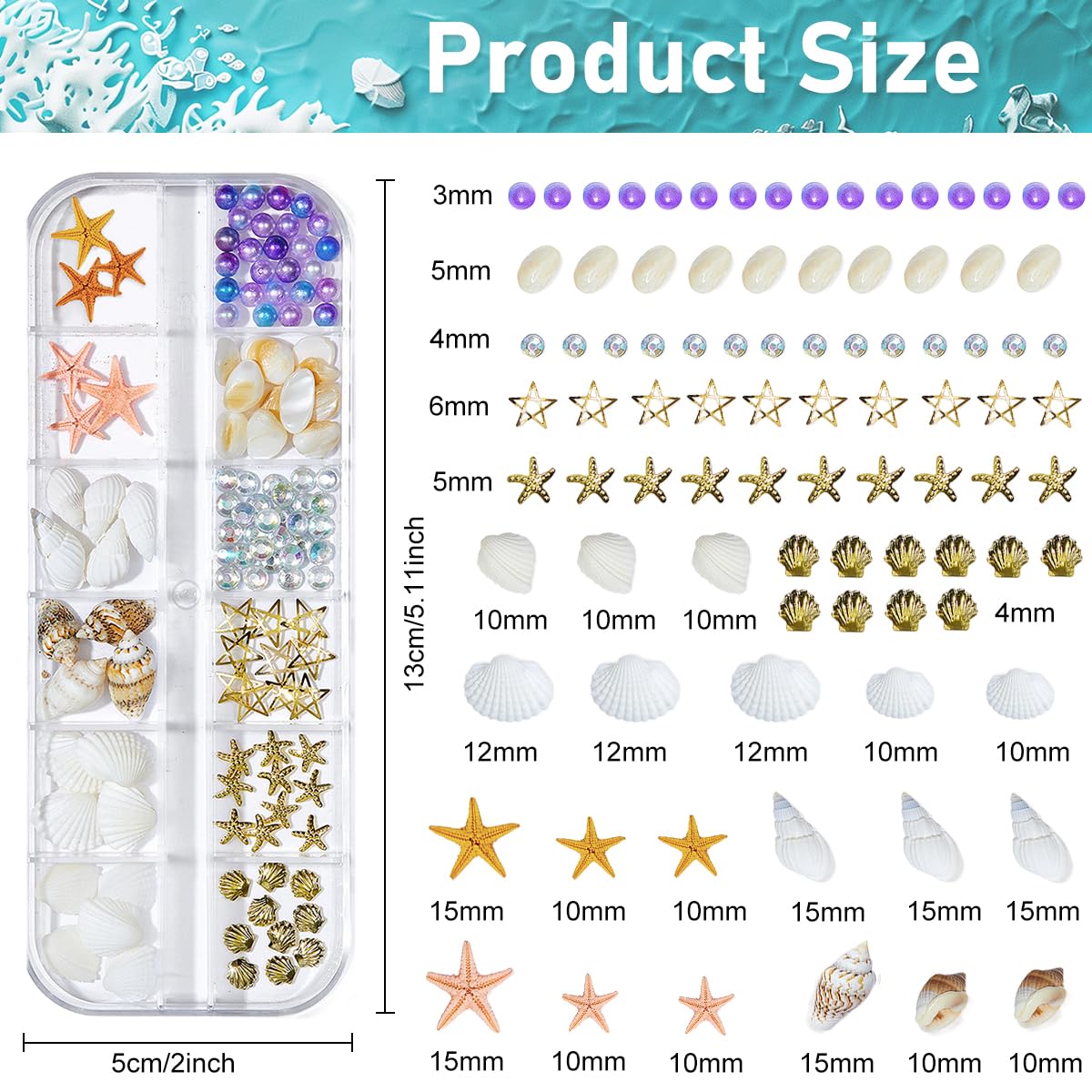 MAYCREATE DIY Ocean Themed Nail Art Charms featuring 12 Assorted Pearl Seashell and Starfish Designs