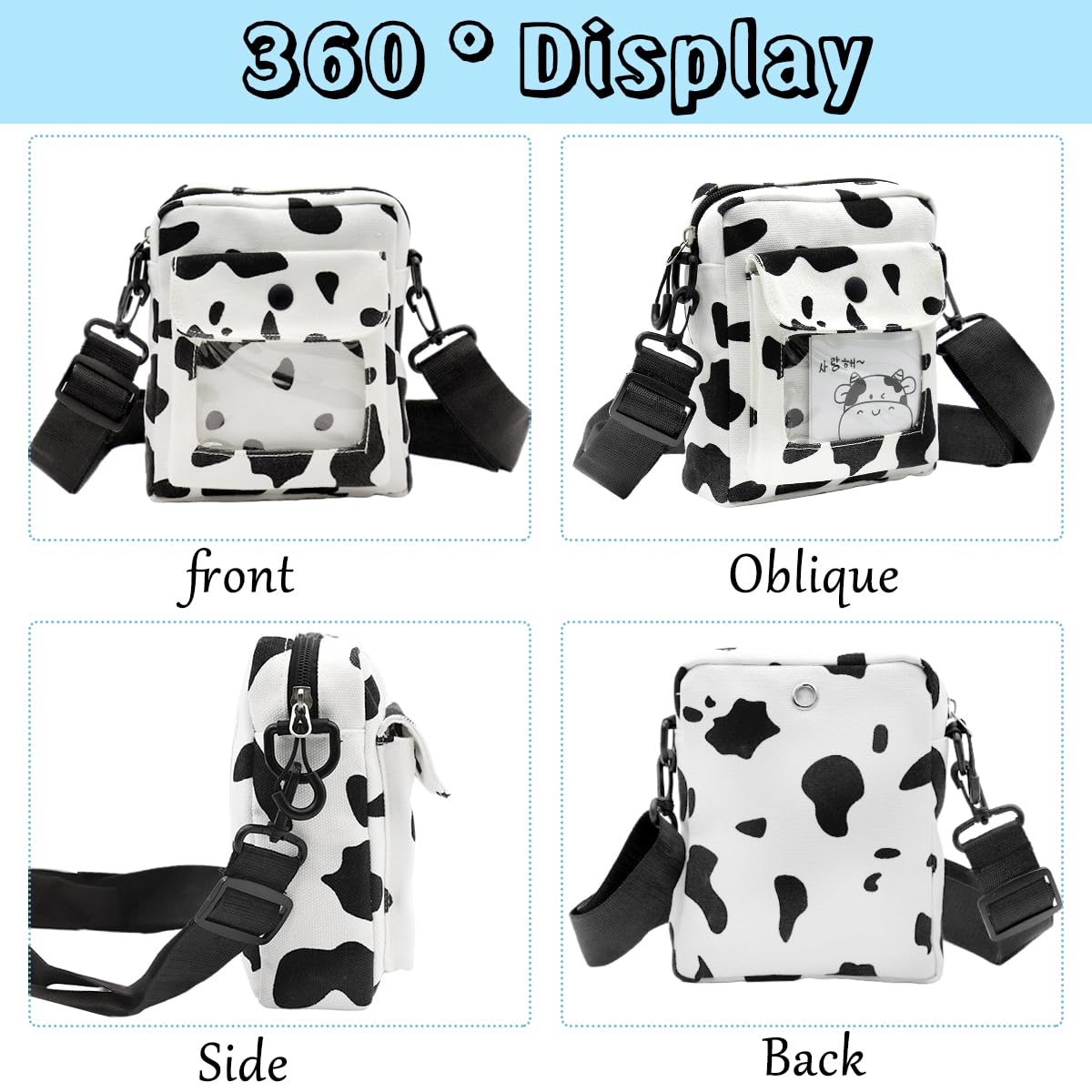 PALAY Canvas Crossbody Bag for Girls with Transparent Window Pocket 15x18cm | Black