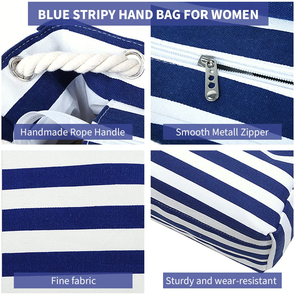 PALAY Hand Bag for Women for Travel and Daily Use featuring Braid Rope Handles and Zipper Closure | 23.6 x 15 x 7.5 in Blue Stripy Cotton Polyester Tote