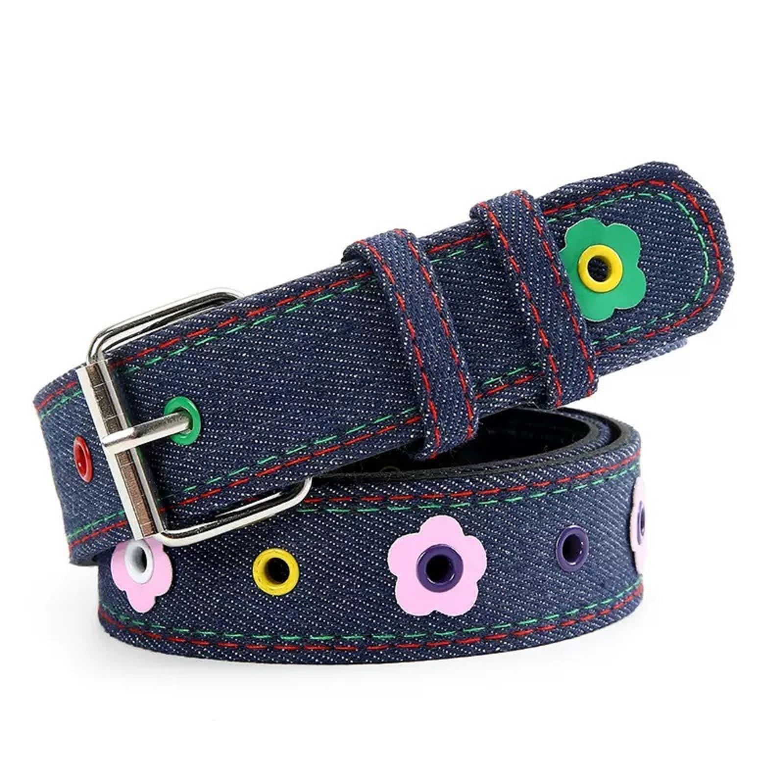 SANNIDHI® Plaid Belt with Colorful Flower Decorations Women's Waistband Stylish Waist Accessory with Metal Buckle-Navy Blue