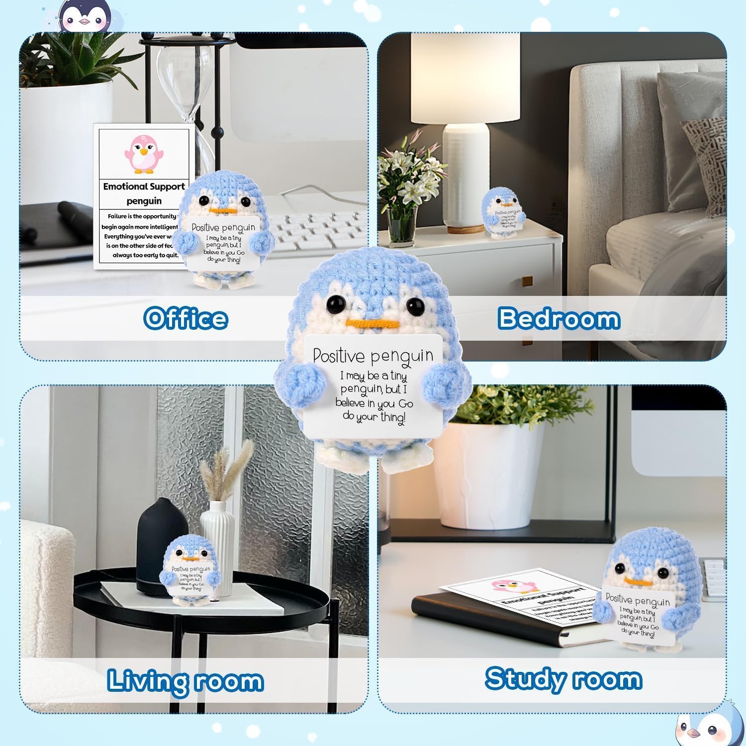 ZIBUYU Handmade Crochet Penguin Toys for Desk Decor with Positive Message Card Blue 3PCS