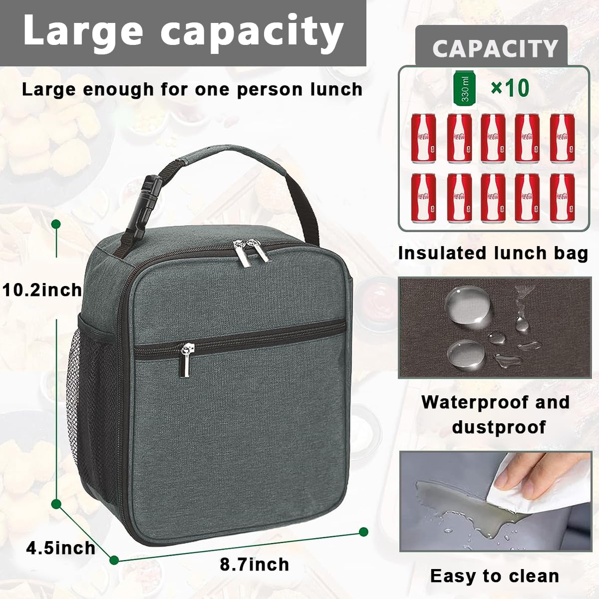Venzina Lunch Box for Work and Picnic with Quick Release Buckle Handle 8.7×4.5×10.2 in Grey | Insulated Oxford Fabric for Men and Women