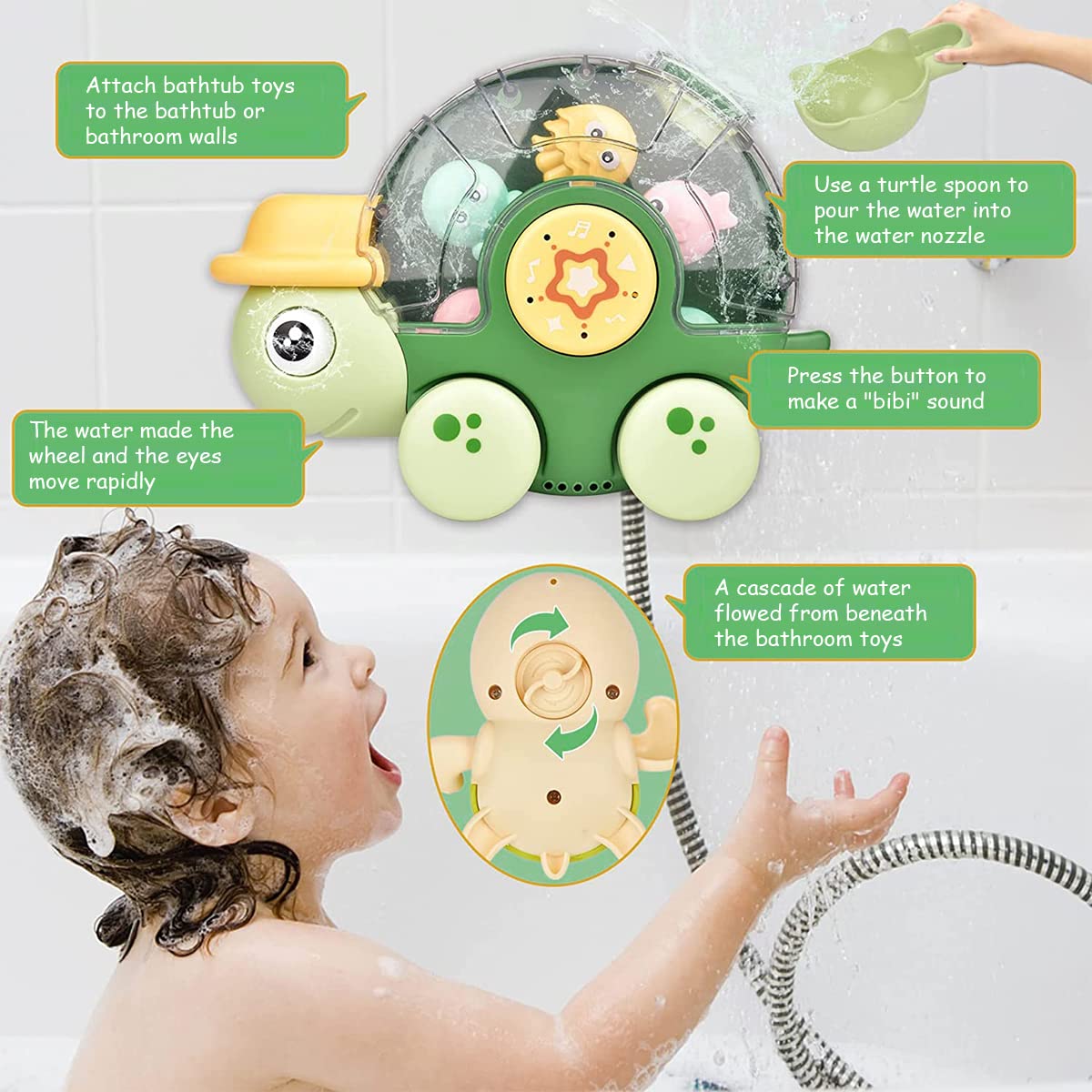 PATPAT® Bath Toy for Kids Cartoonish Turtle Sprinkler Toy for Toddler 1-3 Years Old Wall Mounted Suction Cup Bath Toy Cute Car Toy with Sound Button for Kids Gift Toy for Kids Children's Day Gift