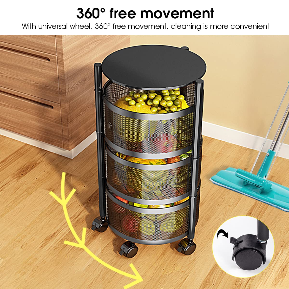 HASTHIP Kitchen Rotating Trolley for Storage with 3 Layer 30cm Mesh Baskets | 360° Wheels