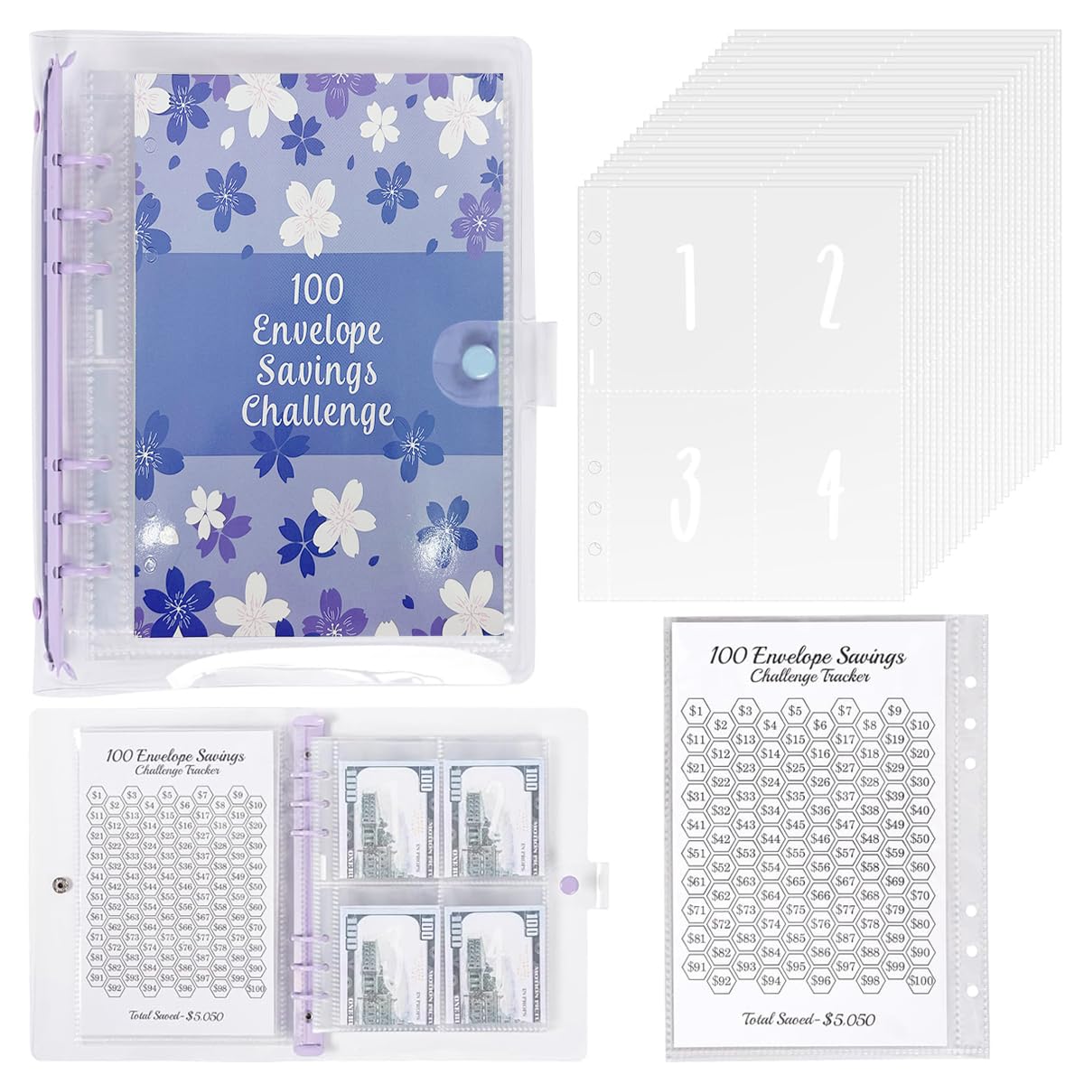 HASTHIP Budget Planner for 100 Day Money Saving Challenge with 25 Cash Envelopes | A5 Sakura Binder