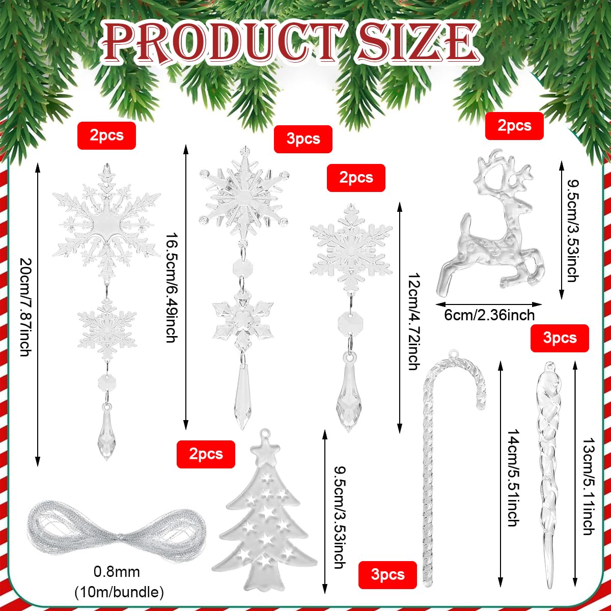 HASTHIP® 18pcs Christmas Ornaments Crystal Acrylic Christmas Tree Ornaments with Hanging Rope Transparent Snowflake Icicle Christmas Hanging Ornament for Christmas Home Decor Christmas Tree Ornaments