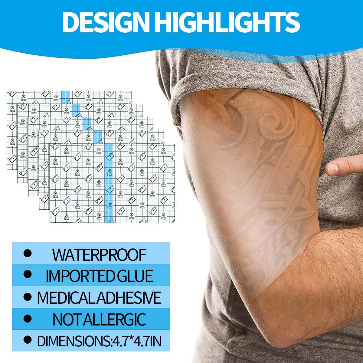 HANNEA Transparent Adhesive Bandage Dressing for Wound and Tattoo Care 50PCS 4.7x4.7Inch featuring Cuttable Traceless PU Film | Waterproof Protection for Skin and Pets