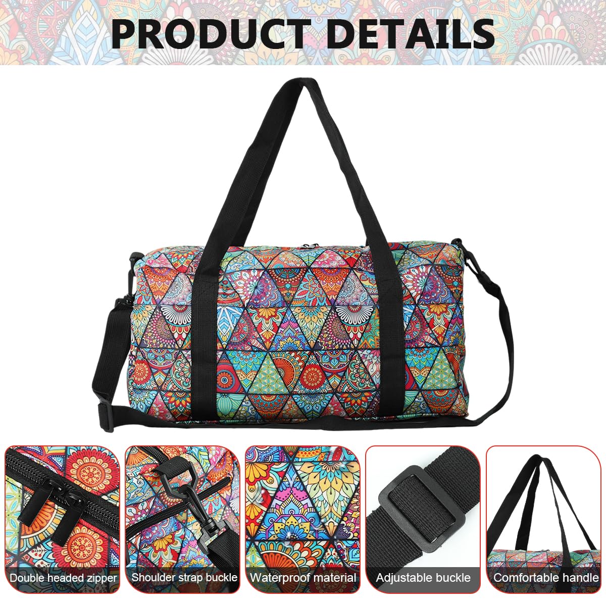PALAY Sports Gym Bag for Travel and Workouts with Dual Zipper and 17.6x9x9 in Storage | Nylon Mandala Design