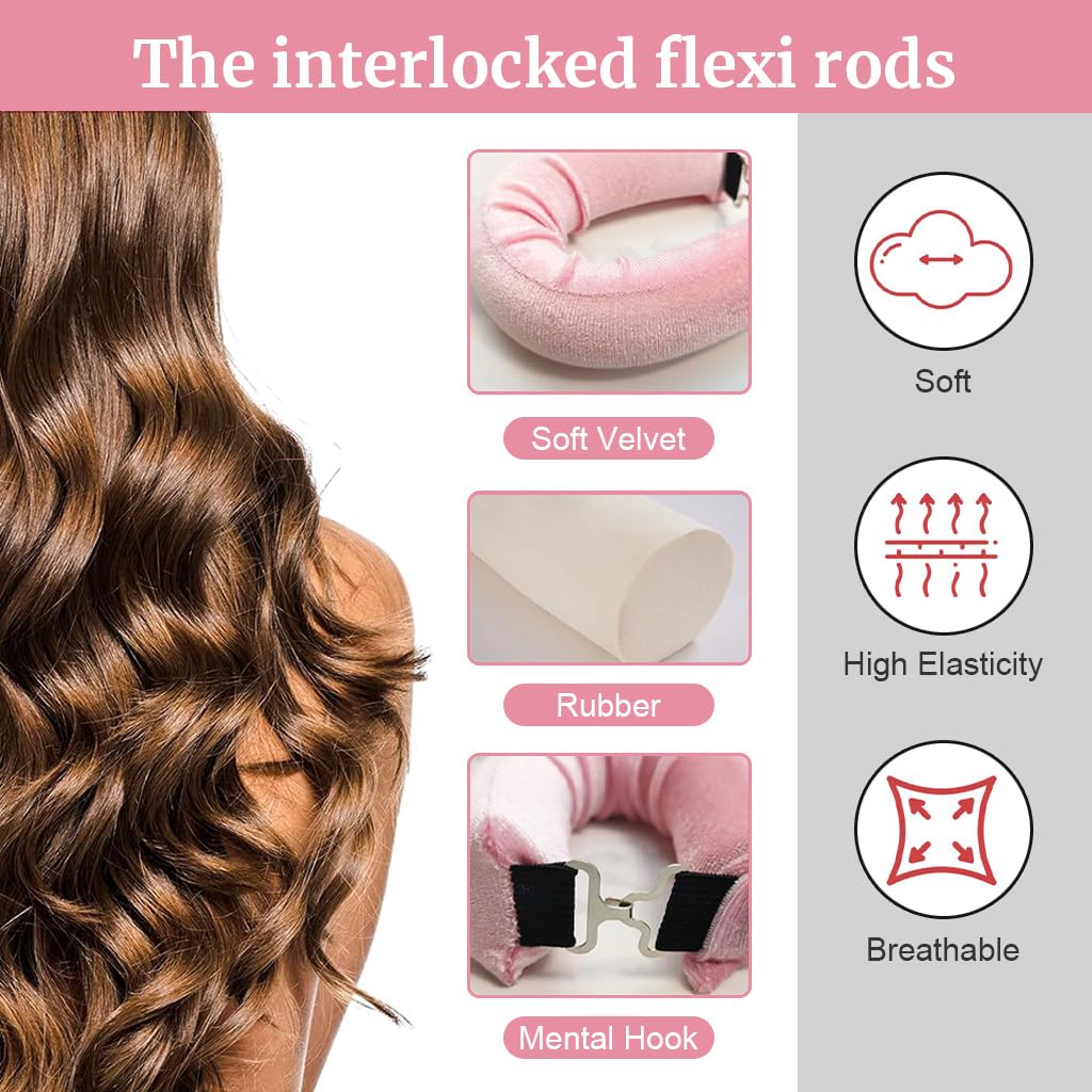 HANNEA Heatless Hair Curler for Overnight Styling with Dual Hook Rods 9PCS 25cm Pink | Soft Satin Velvet Curls