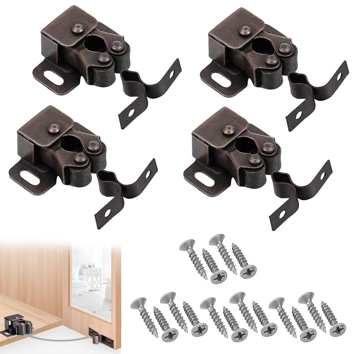 HASTHIP® 4 Pcs Cabinet Door Latch, Double Roller Catch Hardware for Cupboard Closet, Sliding Door, Kitchen Cabinet Door, Versatile for Residential or Commercial Use (Red-Brown)