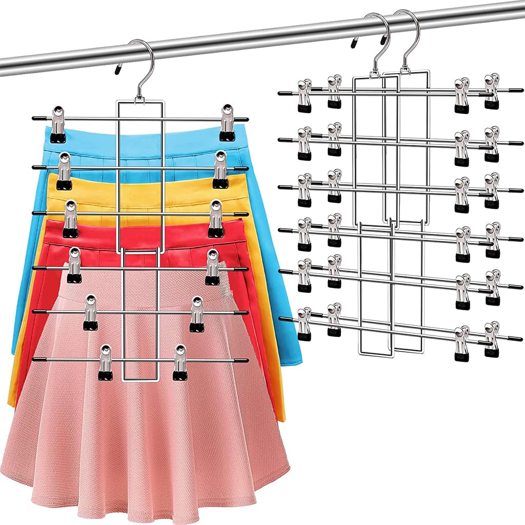 HASTHIP® 2 Pack Hangers, Pants Hangers- 6 Tiers Skirt Hangers with 360° Swivel Hook, Hangers Space Saving Hanging Closet Organizer with Clips, Closet Organizers and Storage -Clothes Hangers