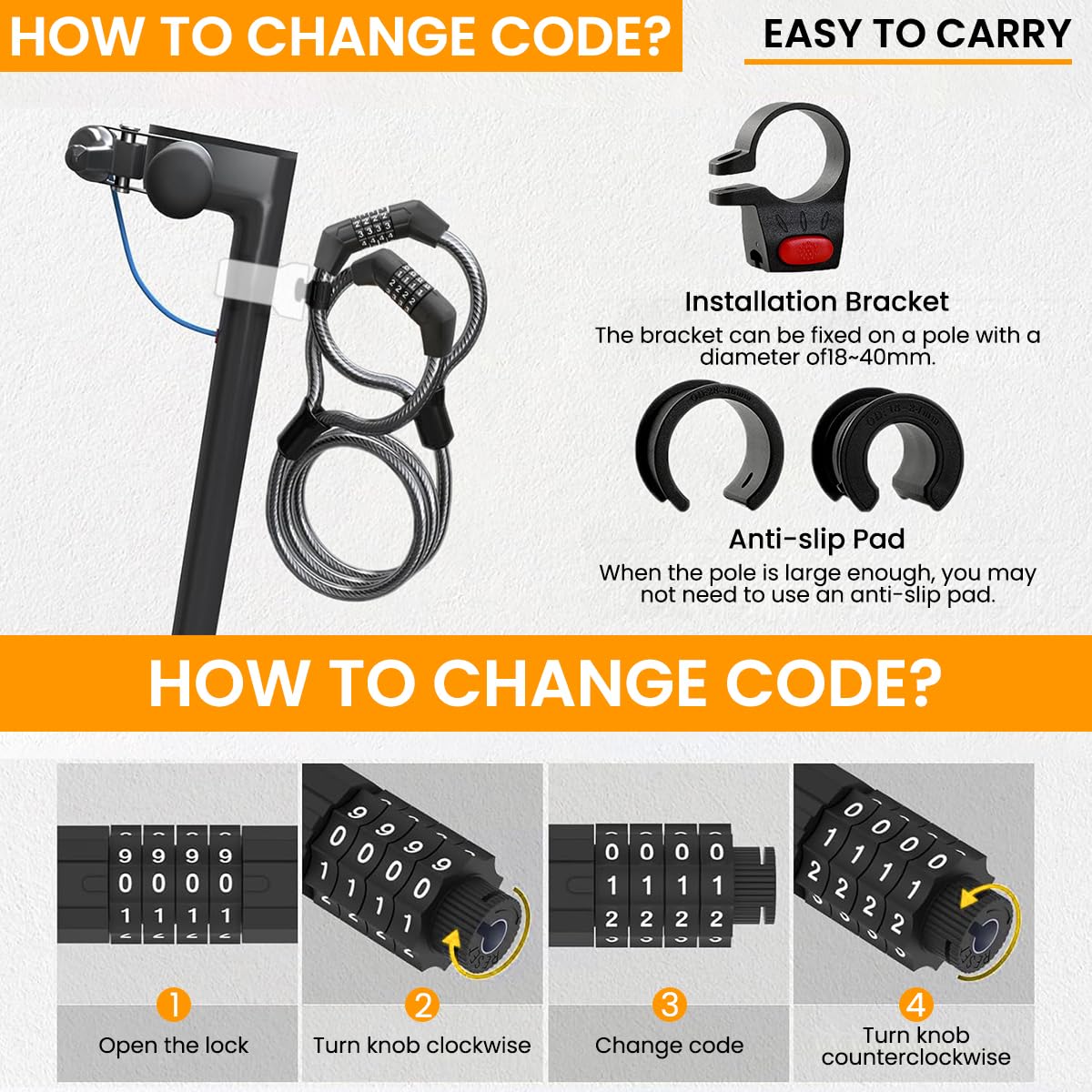 STHIRA Cycle Lock for Bike and Scooter with 41 in Braided Steel Cable featuring 4 Digit Combo
