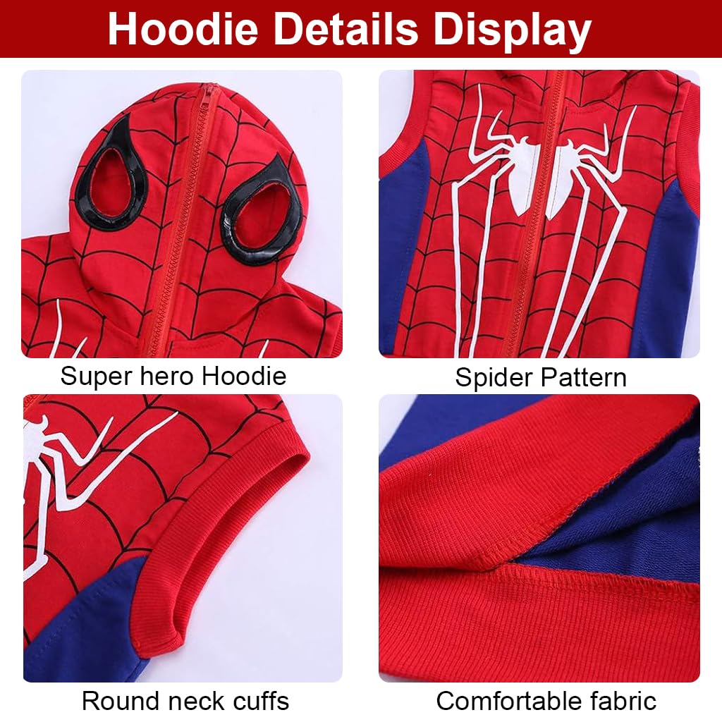 GUSTAVE® Spidernan Jacket Hoodies for Boys and Trousers Set of 3pcs, Cartoon Print Sweatshirt Sleeveless Hoodie Coat & Pants Set for Baby Boy 4-5 Years Old, Toddler Children Clothing Suit