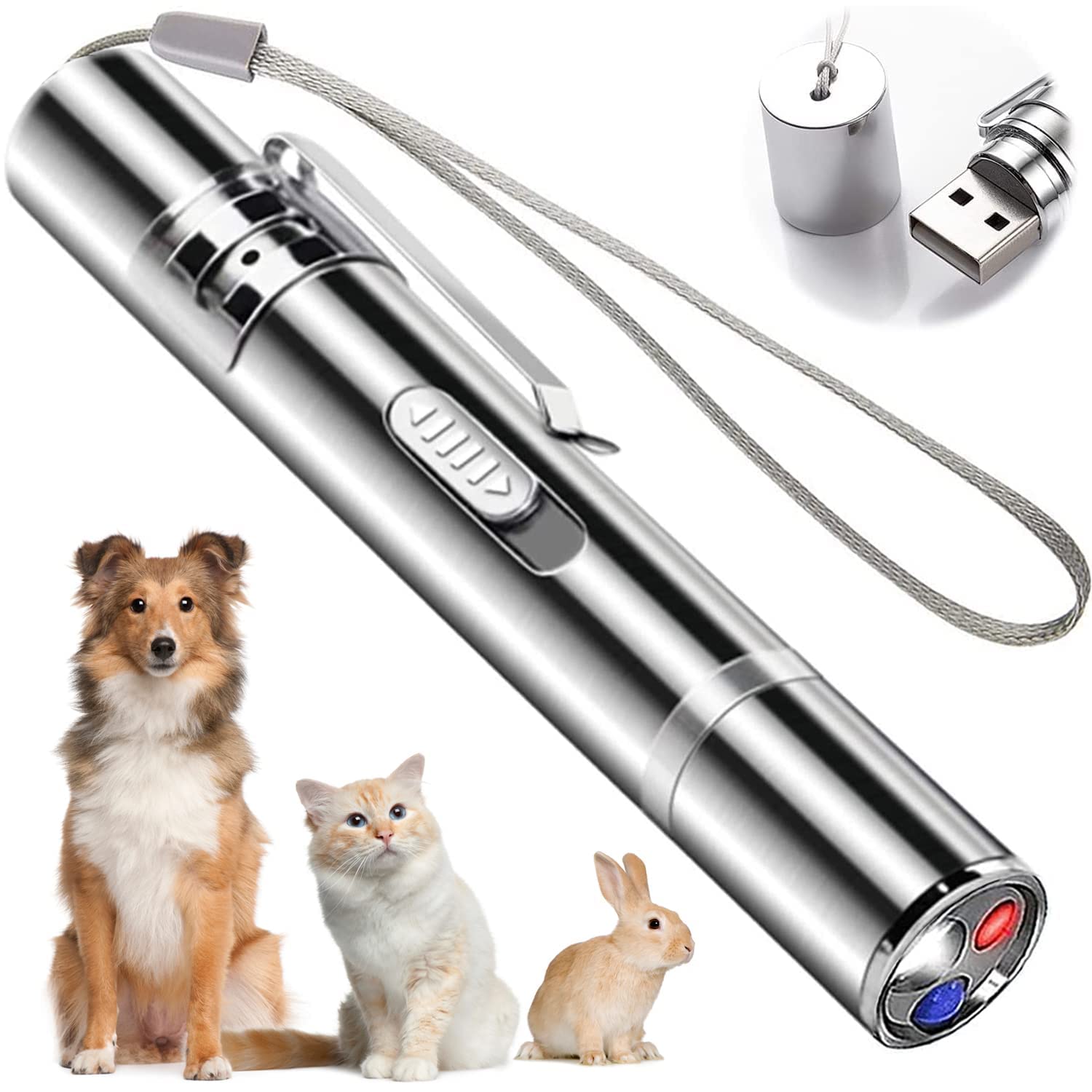 Qpets  Cat Chasing Toy,USB LED Laser Pointer for Chasing Interactive Cat Toy 3 in 1 LED Laser Pen Checking Cat Skin/White Light Illumination/5 Patterns