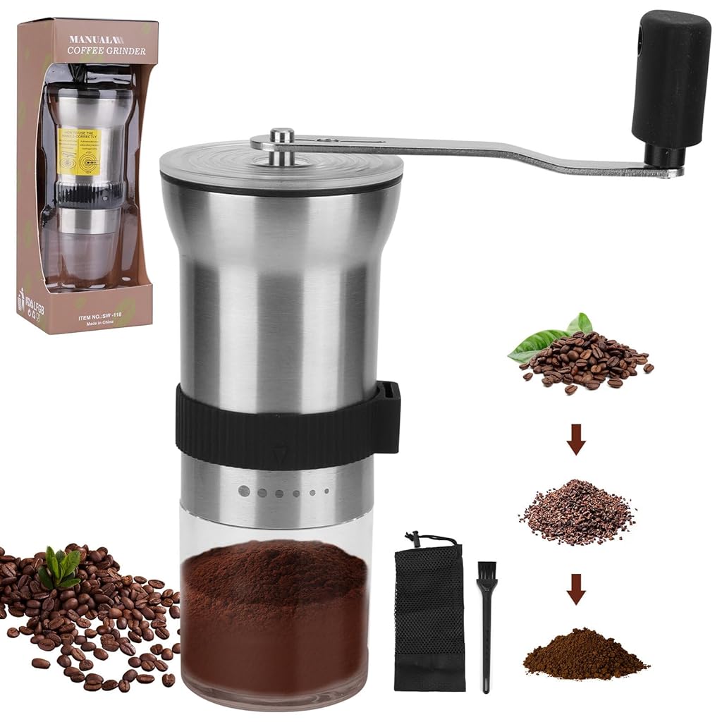 Supvox Manual Coffee Bean Grinder Stainless Steel Burr Hand Coffee Grinder Hand Crank Coffee Mill Adjustable Grind Settings Portable Coffee Grinder 25g Coffee Bean Capacity