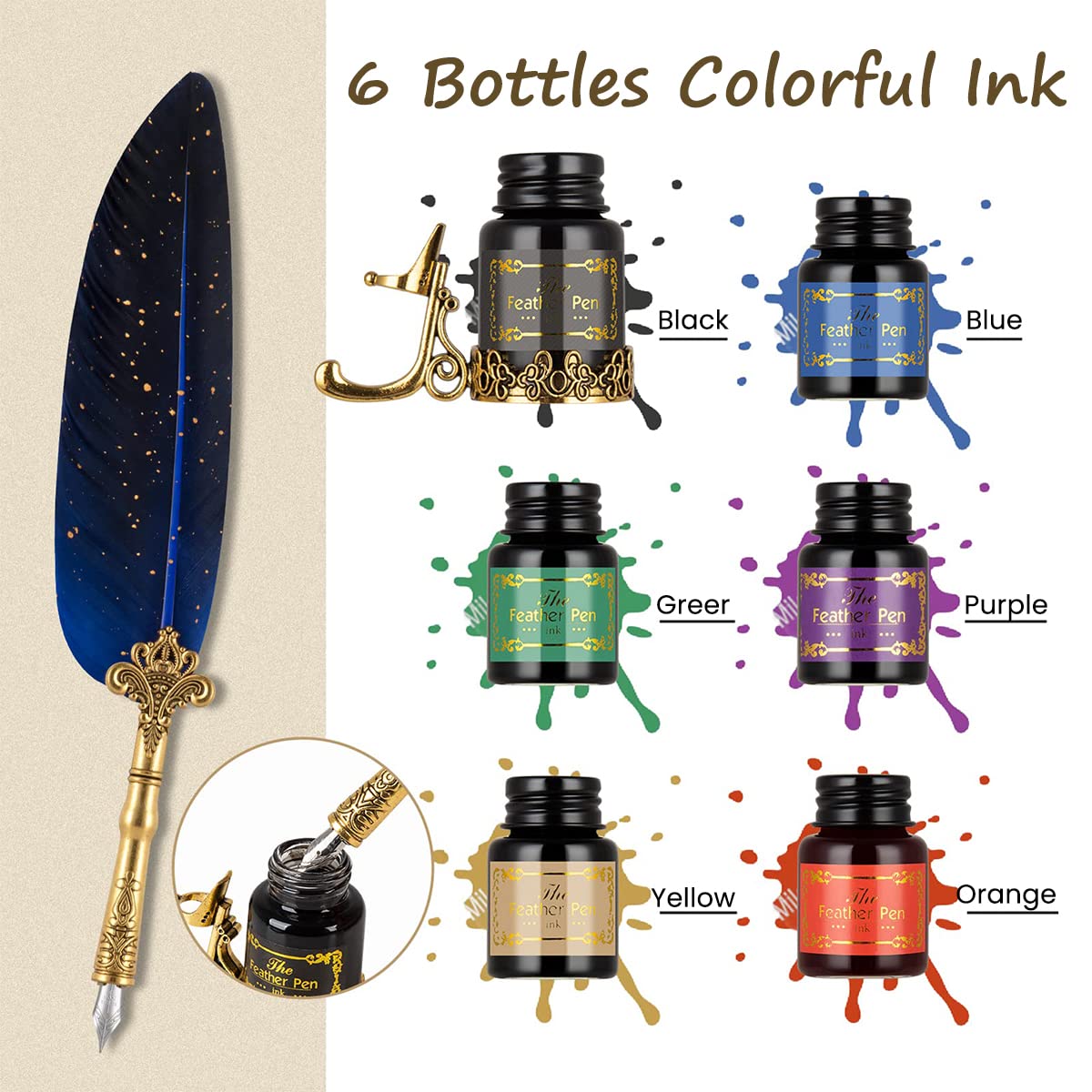 HASTHIP Feather Pen Set for Calligraphy with 6 Ink Bottles and 18 Nibs | Wax Seal Stamp Kit