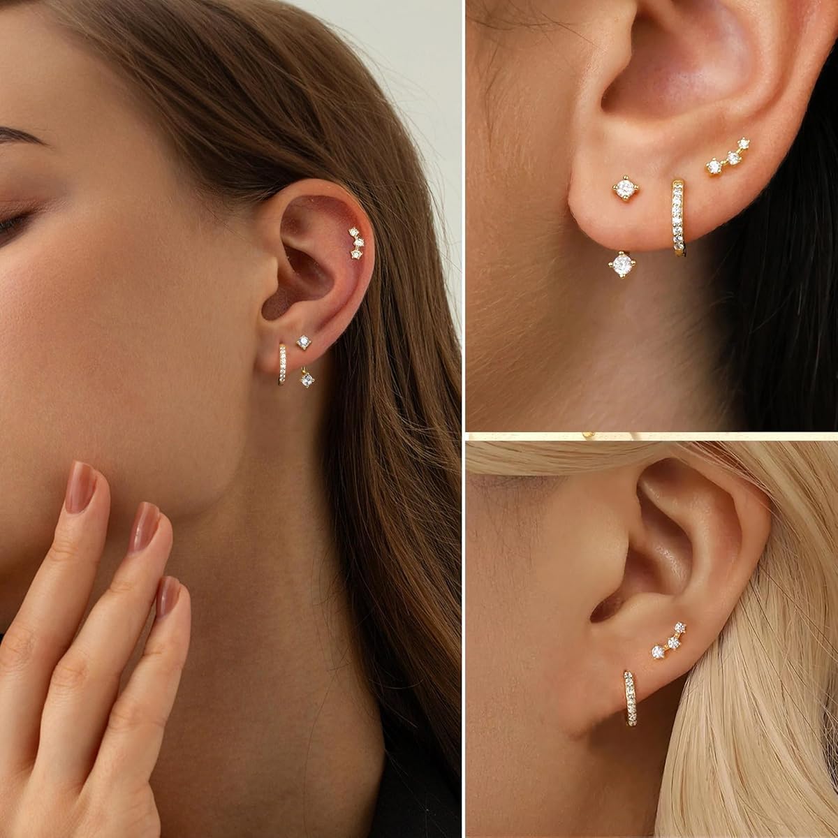 SANNIDHI Earrings Set for Women with 3 Pairs Gold Rhinestone Studs | Hypoallergenic Stainless Steel