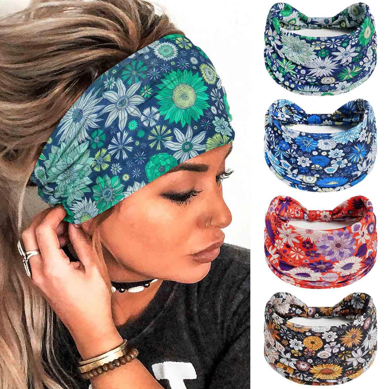SANNIDHI® 4Pcs Headbands Floral Stretch Head Wraps Bohemian Turban Hairbands Knotted Bandana Headband Yoga Running Head Scarfs Hair Accessories for Women