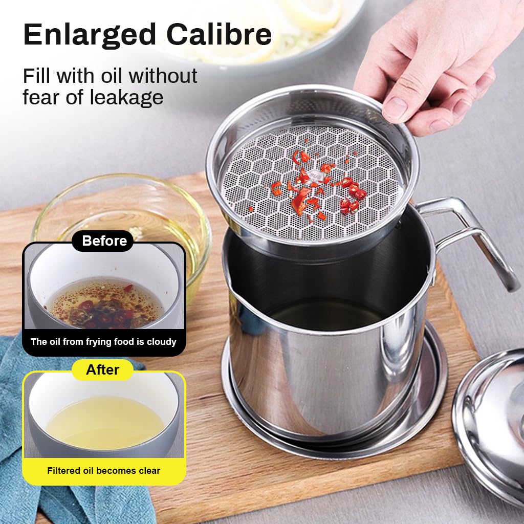 HASTHIP Oil Strainer for Kitchen Grease Storage with Fine Mesh Filter and Lid 1.3L 304 Stainless Steel