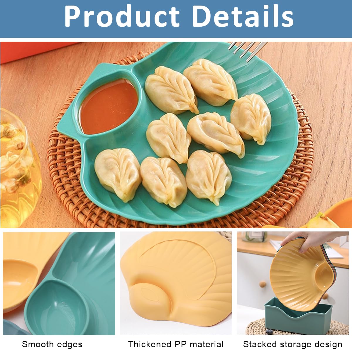 HASTHIP® 8pcs Snack Serving Trays with Organizer Holder Creative Colorful Seashell Dumpling Tray with Dipping Sauce Compartment Multi Food Grade PP Serving Trays Food Plates for Chips, Sushi