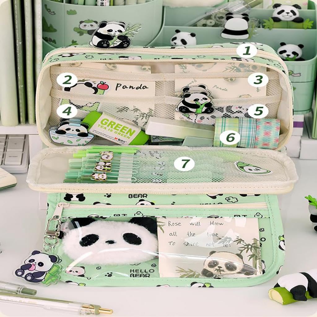 Zibuyu Pencil Case for School and Travel with 21.5x12.5x8.5 cm Capacity | Green Panda Floral Polyester Bag