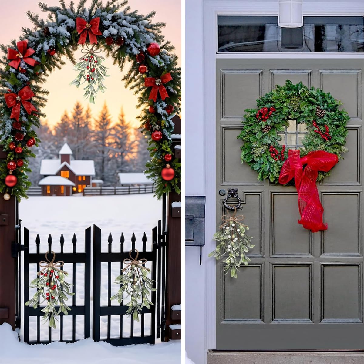 HASTHIP Artificial Christmas Mistletoe for Doors and Walls with Rope Hanging | 2 PCS 9 in Branches with Red and White Berries