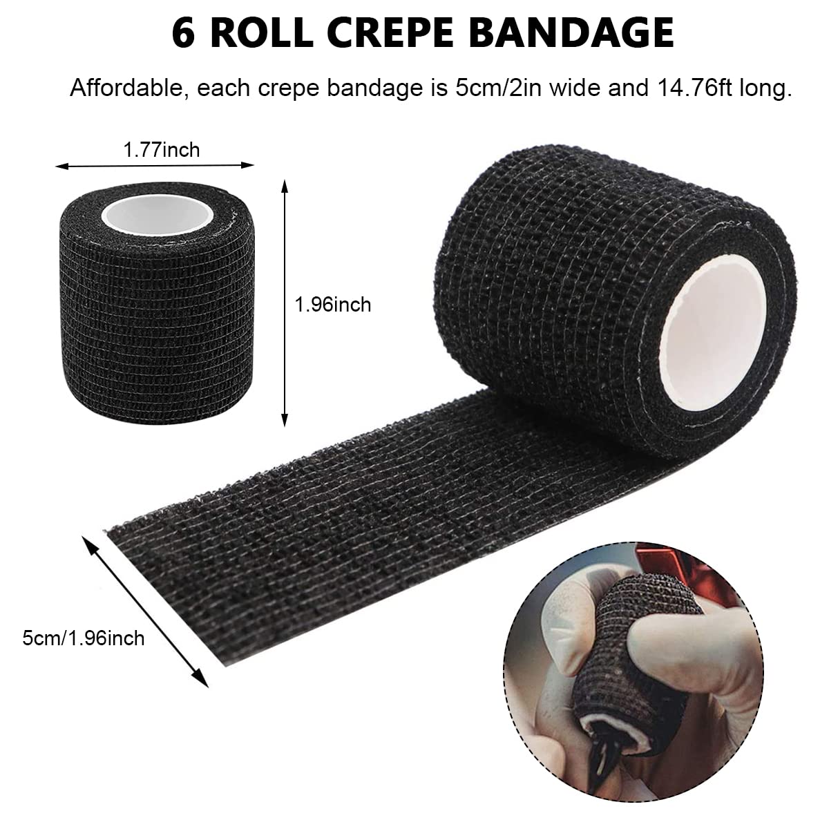 Qpets Crepe Bandage for Tattoo Grip and Wound Care with Self Adhesive Stretch | 6 Rolls 5cm x 450cm