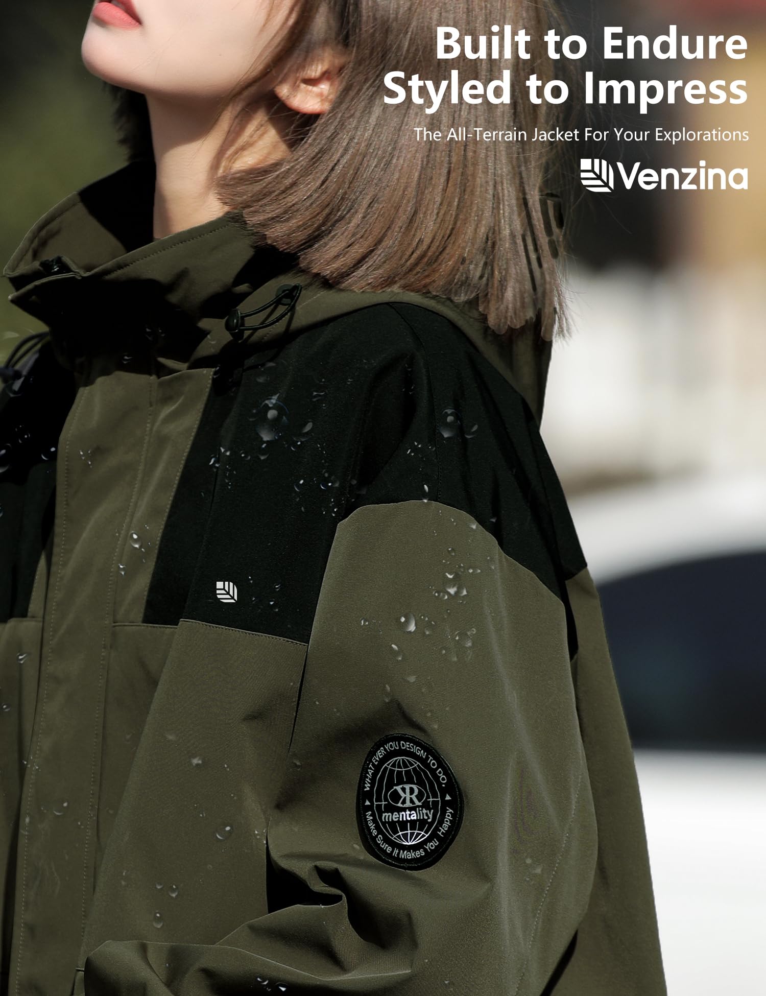 Venzina Women's Softshell Jacket for Hiking and Travel featuring DIY Patches and Waterproof Windproof Design | Green Outdoor Coat