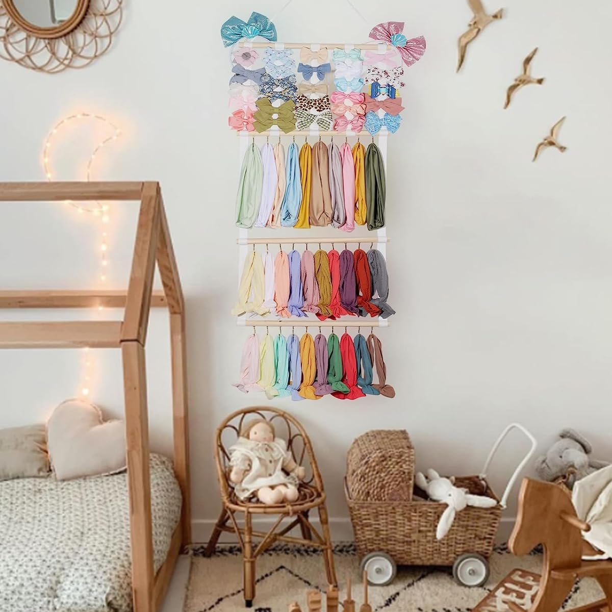 HASTHIP Metal Wall Hanging Headband Holder for 30 Headbands and 40 Clips | 3 Layer Organizer with Hooks and Cloth Straps for Girls Room Decor
