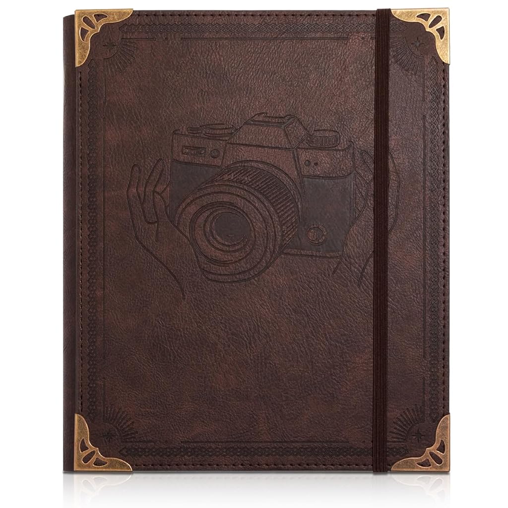 HASTHIP® Fashion Photo Album, Retro Embossed PU Leather Hard Cover Album, 30-Sheet Vintage Craft Paper & 160Pcs 6'' Pockets, DIY Journaling Photo Scrapbook