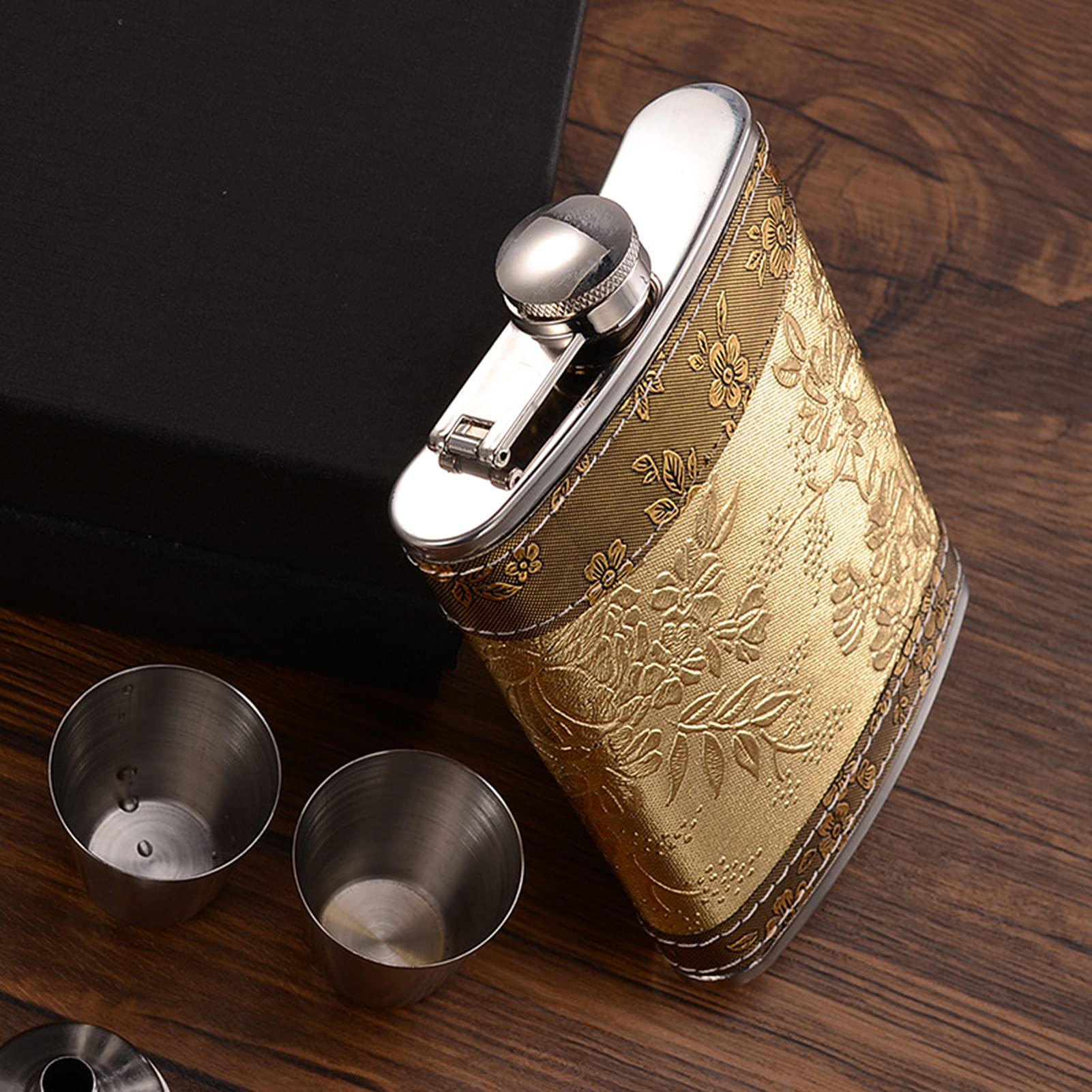 ELEPHANTBOAT Whiskey Flask for Travel and Gift with Tight-Seal Lid and Two Cups 8oz Stainless Steel Yellow