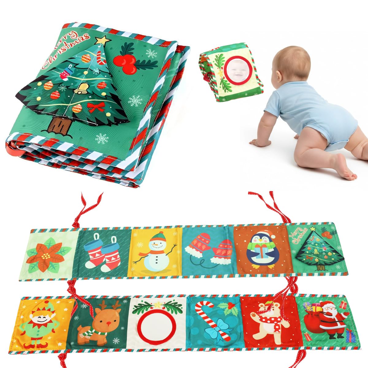 SNOWIE SOFT Baby Cloth Book for Crib Play with 3D Mirror & Squeaky Toy 115x70cm | Soft Cloth for Infants