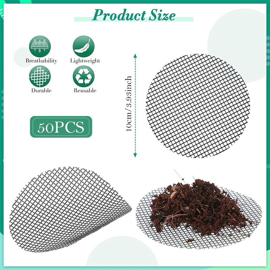 SNOWIE SOFT 50Pcs Flower Pot Hole Mesh Pad for Keep Soil from Flowing Away, 10cm Round Drainage Hole Screens for Bonsai Pot, Succulent & Table Top Planters