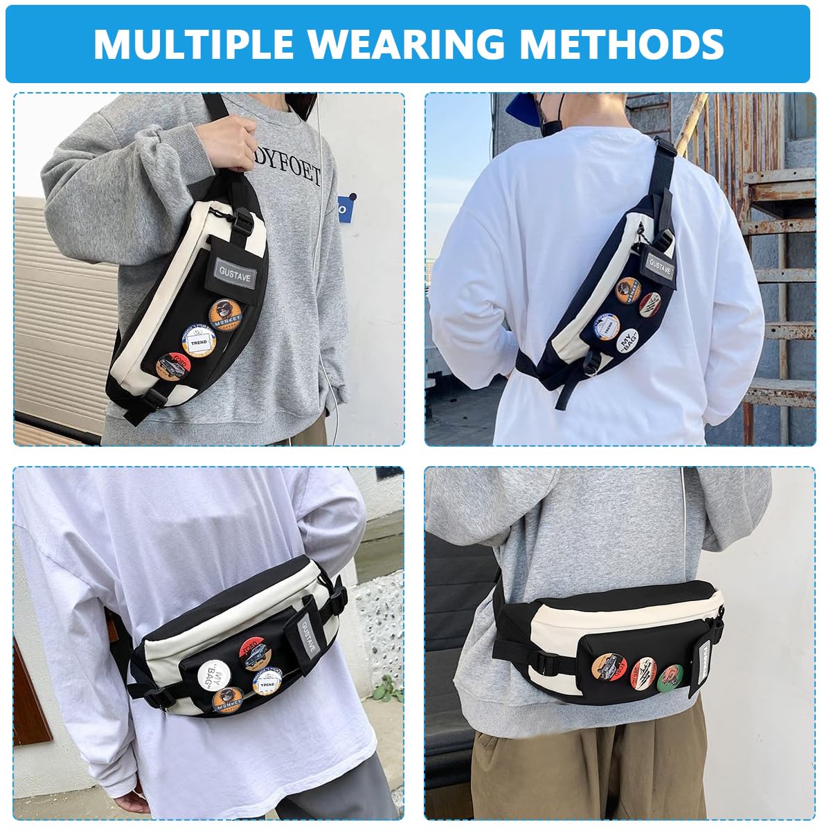 GUSTAVE Waist Bag for Hiking Travel and Running with 4 Badges | Adjustable 78–100 cm Strap