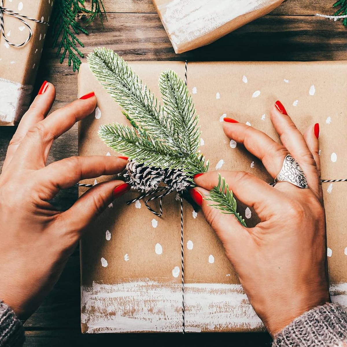 HASTHIP Christmas Decorations Combo for Tree and Wreath with 30 Snow Dusted Pine Branches | Red Berry Pinecones for DIY Crafts