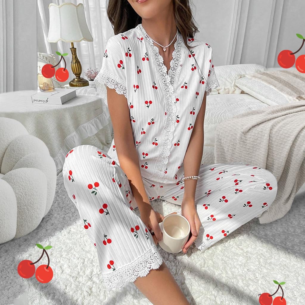 SANNIDHI Pajama Set for Women featuring Sweet Cherry Print and V-Neck Lace Edge | Soft Sleepwear for Home and Lounge