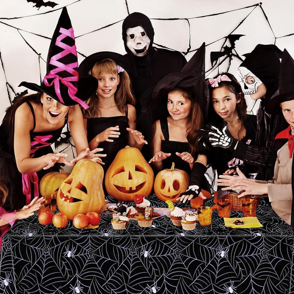 HASTHIP Halloween Tablecloth for Party Decor with Spider Web Design 137x274 cm | 2 Pack Black PE Cover