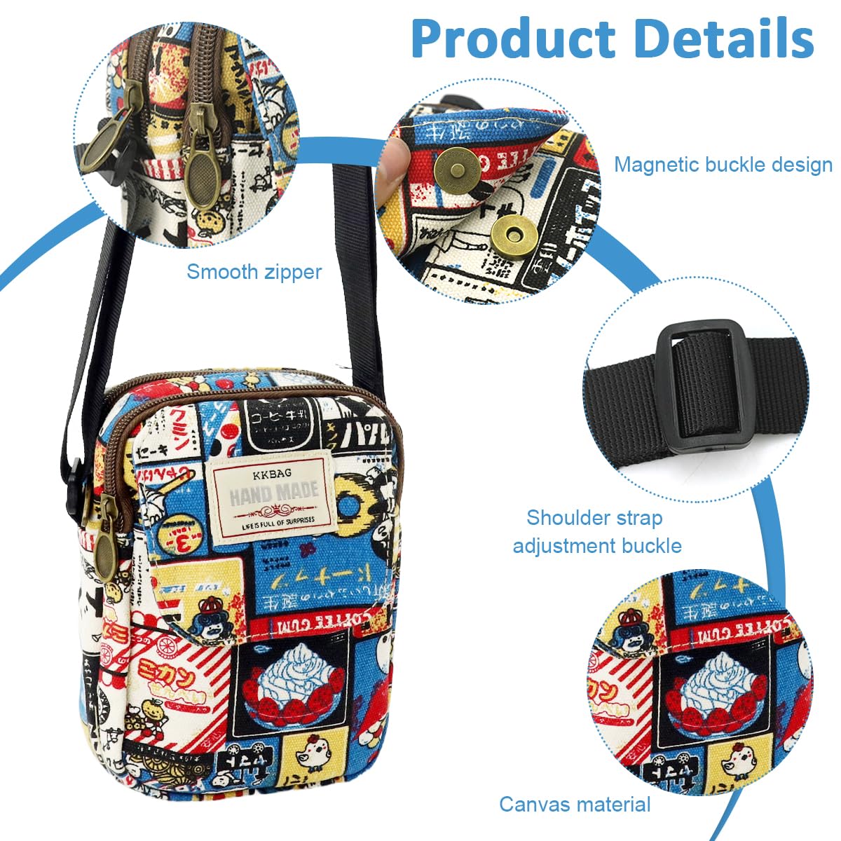 PALAY® Cute Canvas Phone Sling Bag Small Casual Utility Bag Cartoon Vintage Print Crossbody Bag Phone Bag Multi Pocket Purse Bag Mini Mobile Pouch