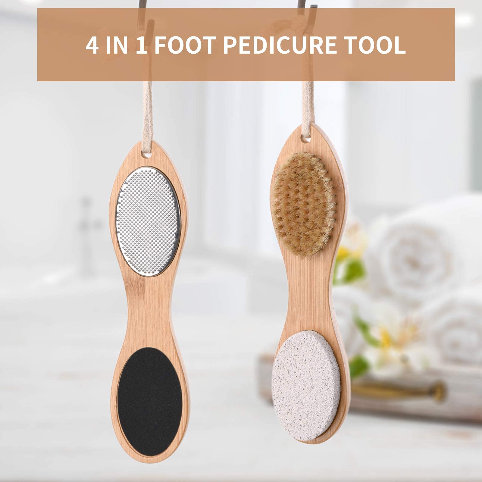 PatPat 4 In 1 Foot Pedicure Brush,Foot Scrubber,Foot File Callus Remover,Exfoliator Tools with Foot Care Bristle Brush,Sand Paper and Bamboo Handle