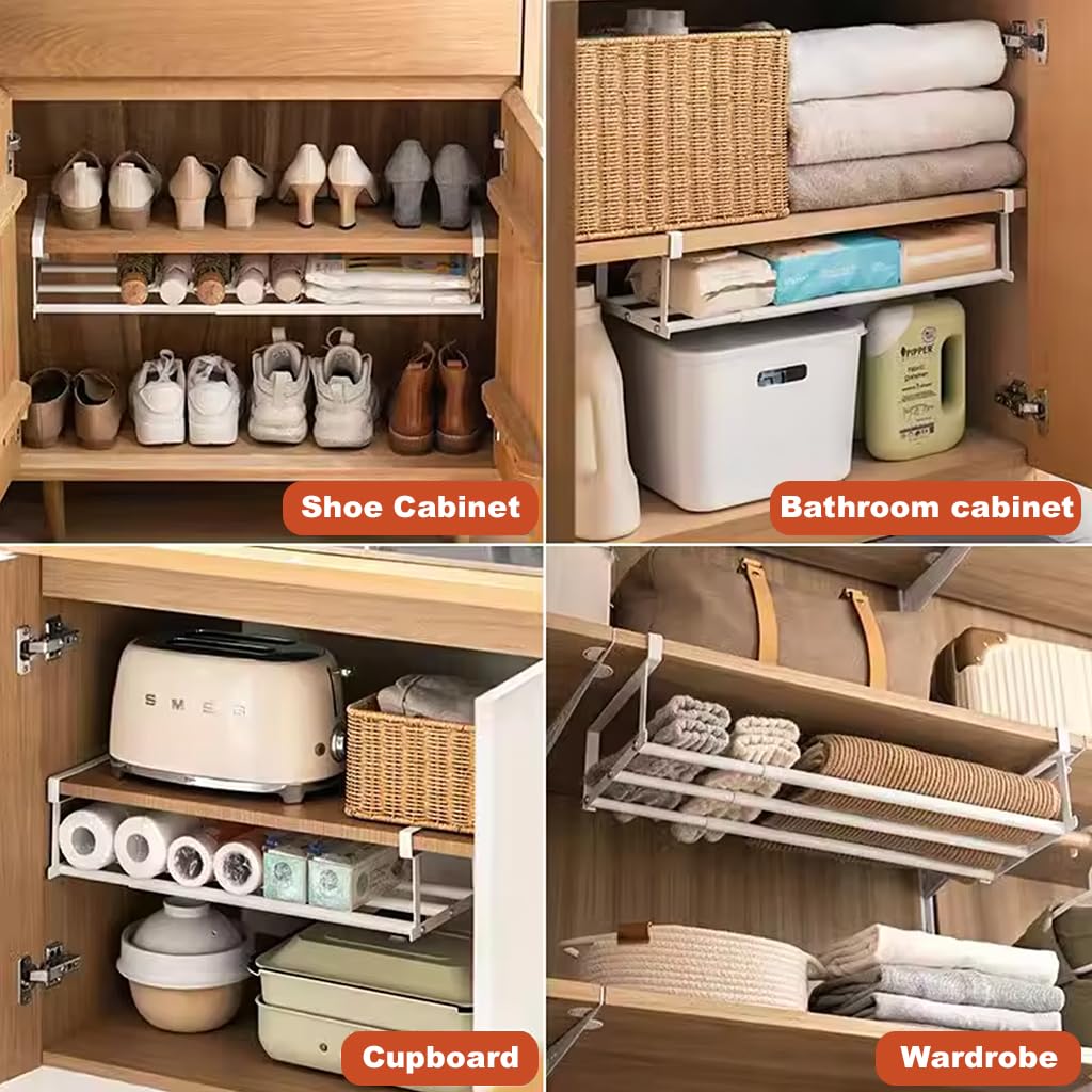 Adjustable Shoe Rack for Cabinet with 15.7–23.6 in Expandable Shelf Divider in White | Tool-Free Space Organizer